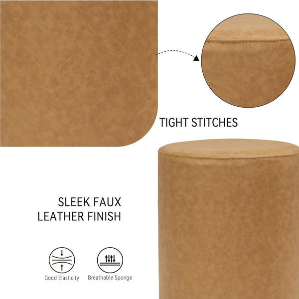 Faux Leather Modern Round Ottoman with Soft Padded Sea (Light Brown) #100145 Get Set Style Furniture