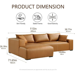 113" Wide Sectional Leather Sofa, Modern L-Shaped with Left Facing Chaise and 2 Pillows (Brown)#030013 Get Set Style Furniture