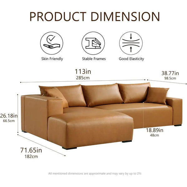 113" Wide Sectional Leather Sofa, Modern L-Shaped with Left Facing Chaise and 2 Pillows (Brown)#030013 Get Set Style Furniture