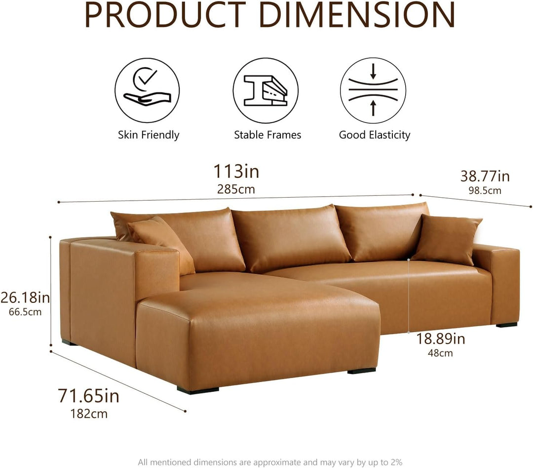 113" Wide Sectional Leather Sofa, Modern L-Shaped Sofa Couch with Chaise