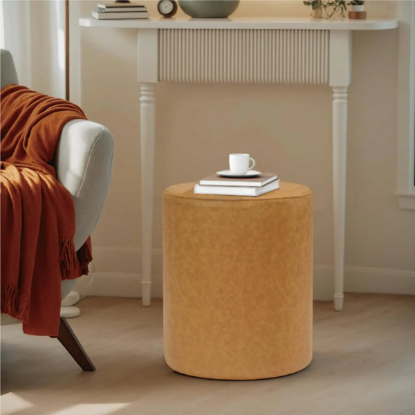Faux Leather Modern Round Ottoman with Soft Padded Sea (Light Brown) #100145 Get Set Style Furniture