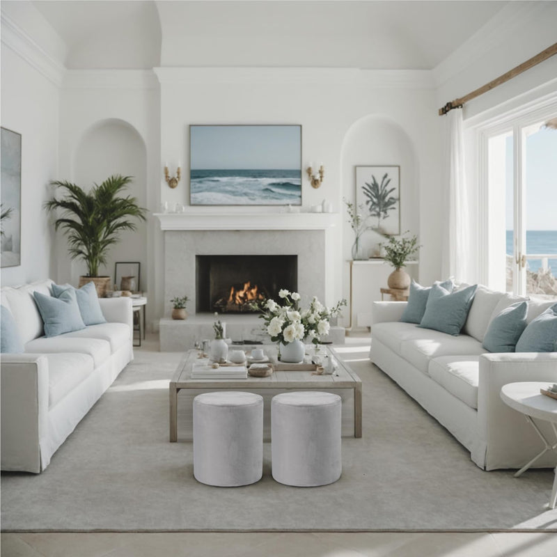 Light Grey Velvet Round Ottoman 