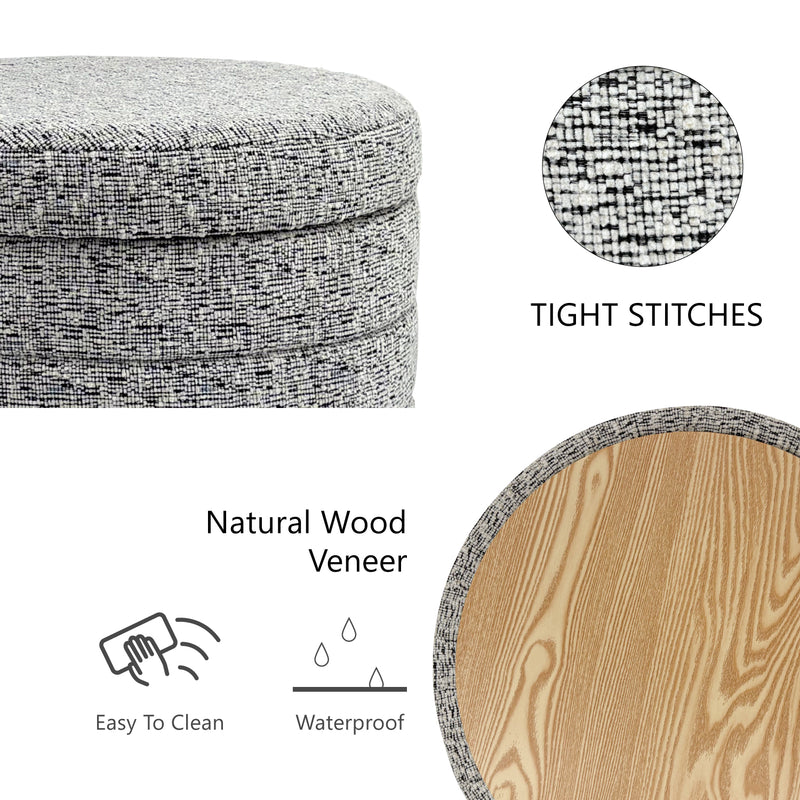 Beige Chenille Round Ottoman With Storage 
