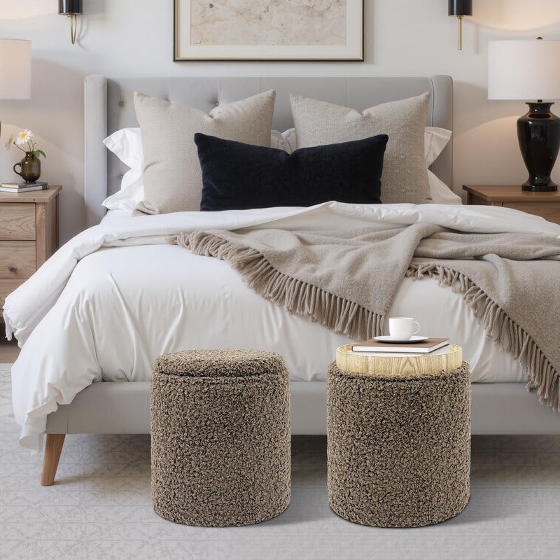 Taupe Sherpa Round Ottoman With Storage 
