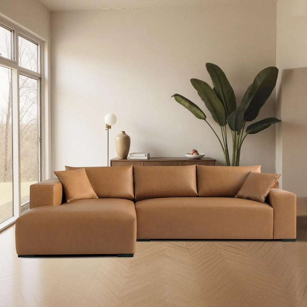 113" Wide Sectional Leather Sofa, Modern L-Shaped with Left Facing Chaise and 2 Pillows (Brown)#030013 Get Set Style Furniture