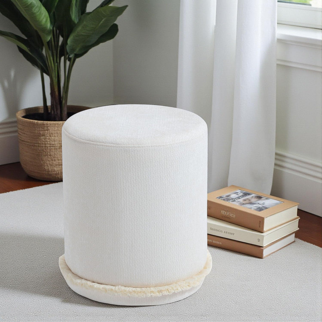 Cirque Round Plush Ottoman, Soft Upholstered Footrest & Vanity Stool, Chic Minimal Accent Piece in Neutral Tones (Snow White) #100160