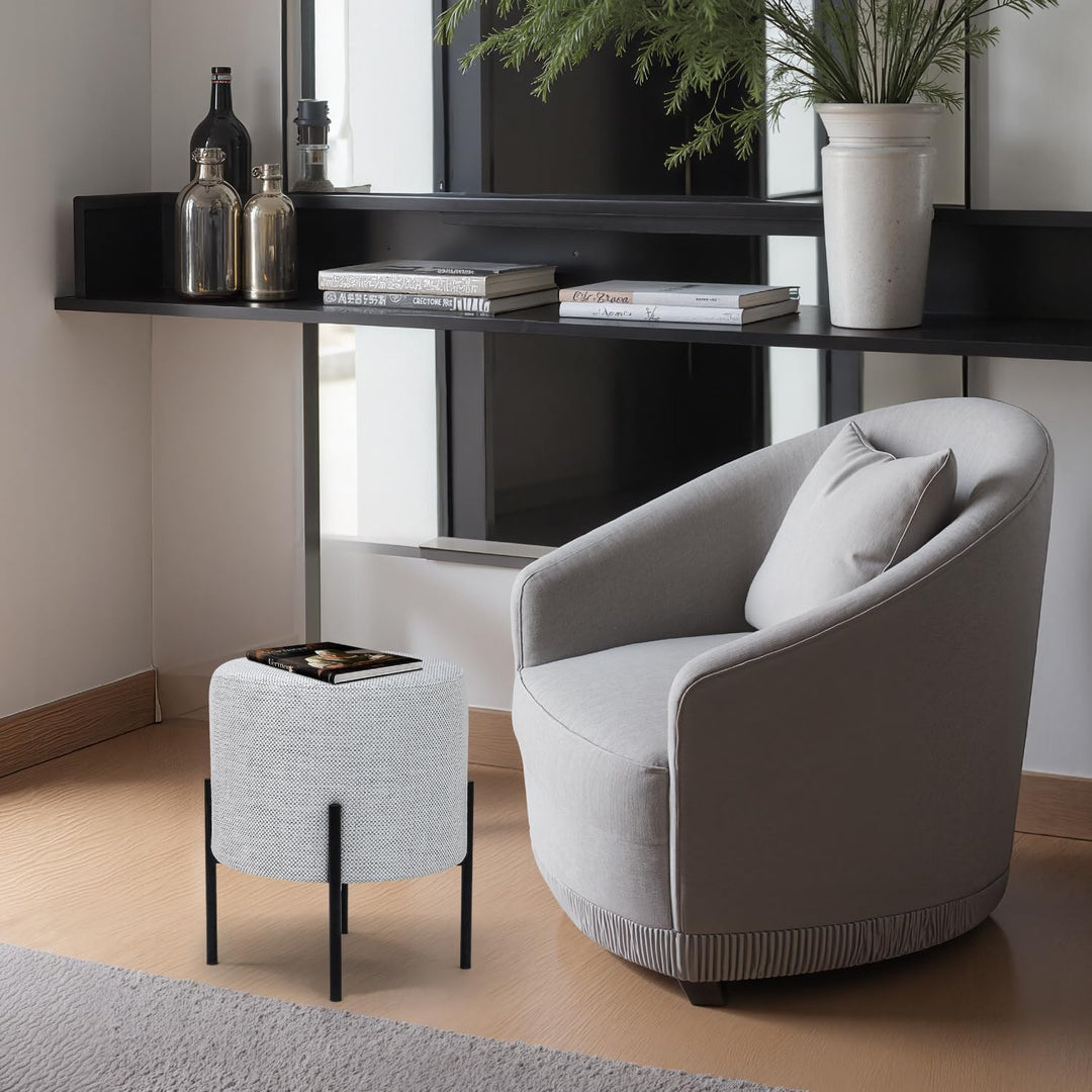 Linen Round Multifunctional Stool with Black Metal Legs (Light Gray)