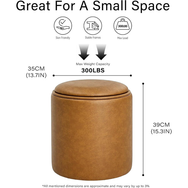Boda Round Faux Leather Storage Ottoman Stool with Wooden Lid (Camel Brown) Get Set Style Furniture