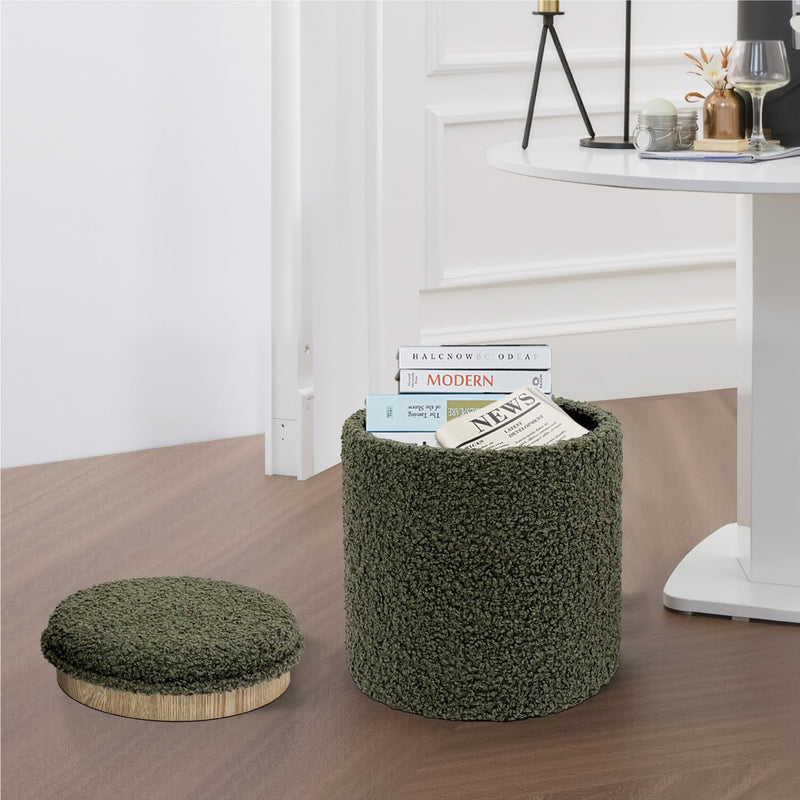 Green Sherpa Round Ottoman With Storage 