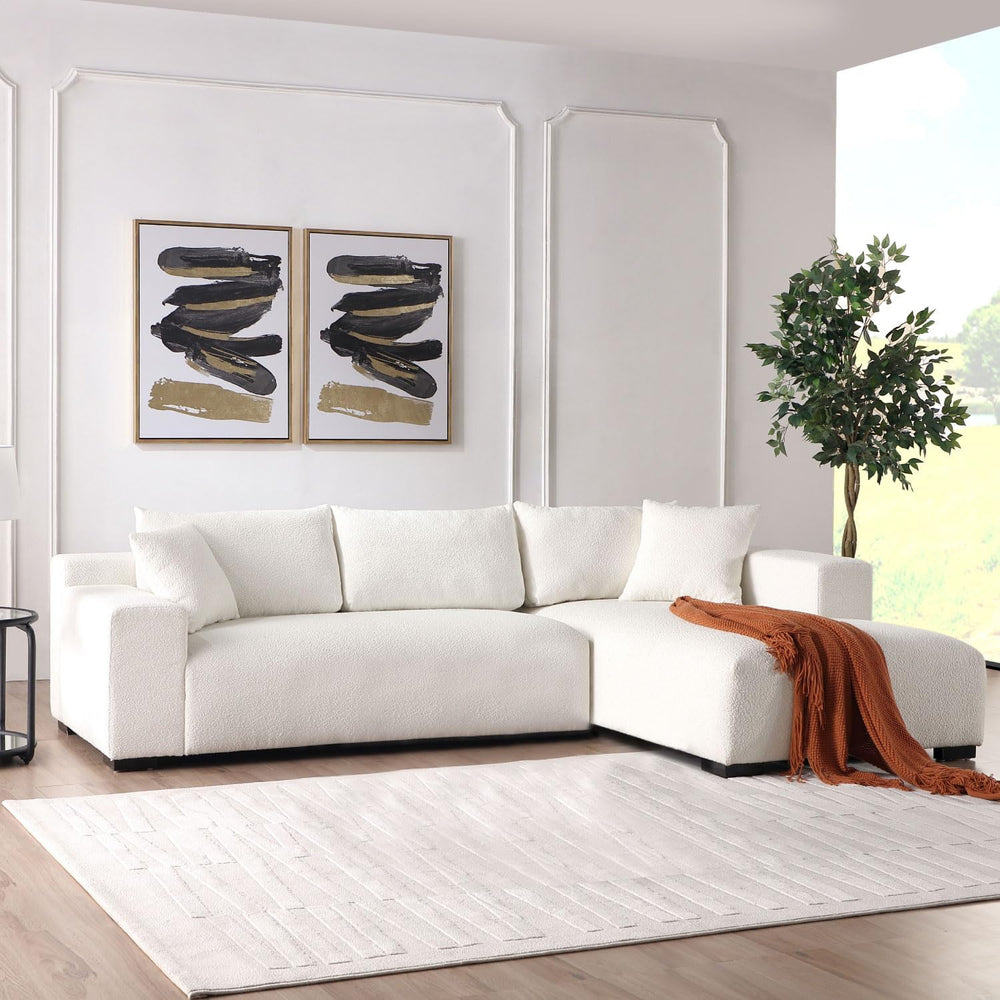 113" Wide Sectional sofa, Modern Boucle Fabric L-Shaped Sofa, 2 Pieces Modular with Right Facing Chaise and 2 Pillows (White) #040005 Get Set Style Furniture