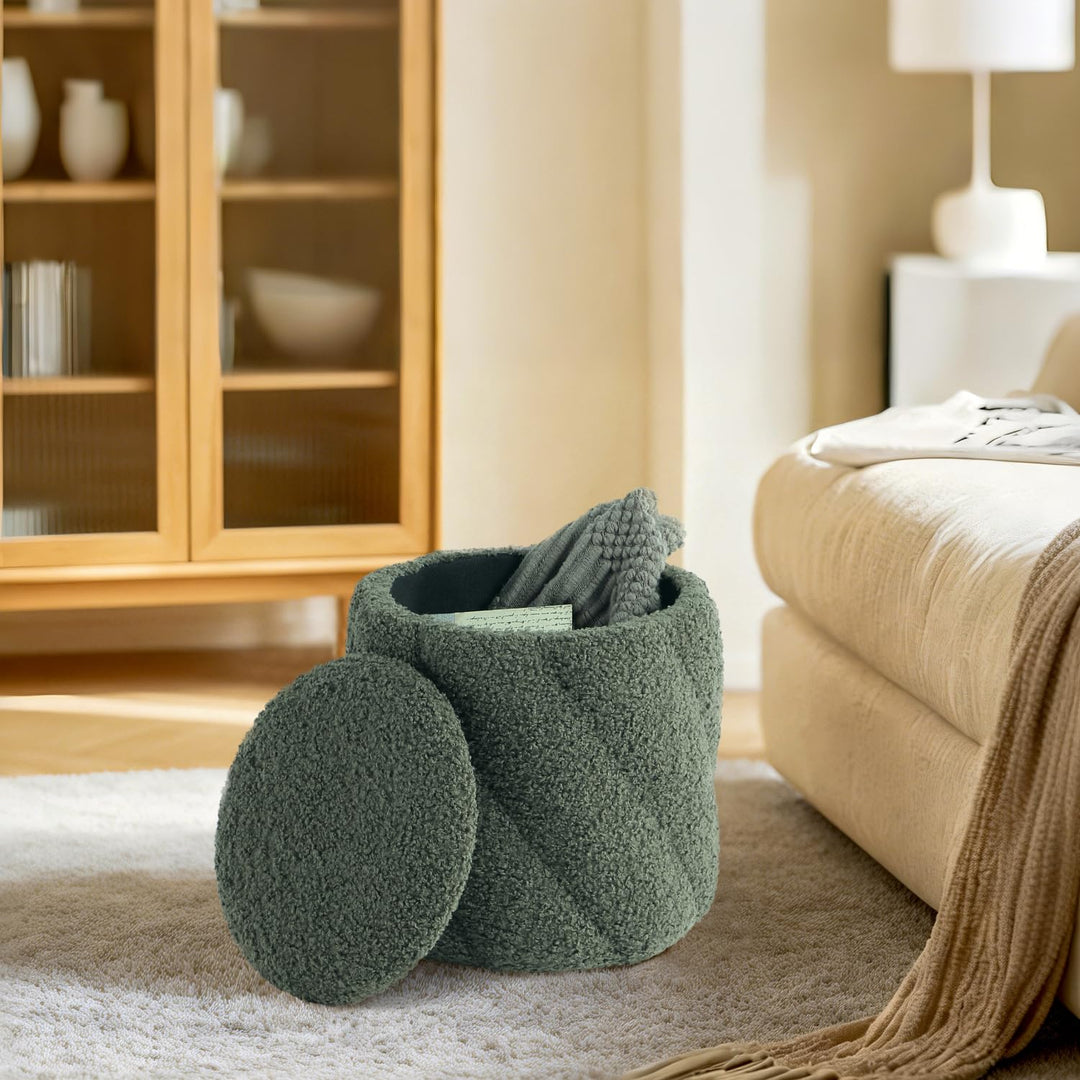 Round Ottoman with Soft Padded Seat, Storage Vanity Stool for Makeup, Upholstered Footrest Stool Ottoman Foot Stool (Green) #100201