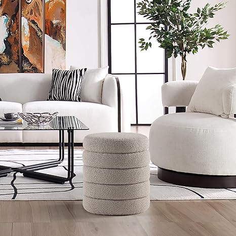 Khaki Fabric Round Ottoman with Storage 