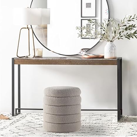 Khaki Fabric Round Ottoman with Storage 