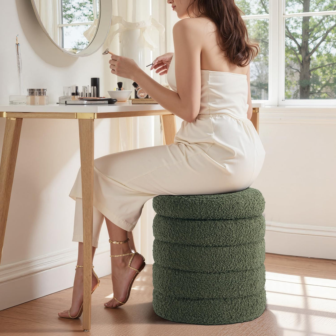 Cushen Sherpa Fabric Round Ottoman with Soft Padded Seat, Storage Vanity Stool, Upholstered Footrest (Green)