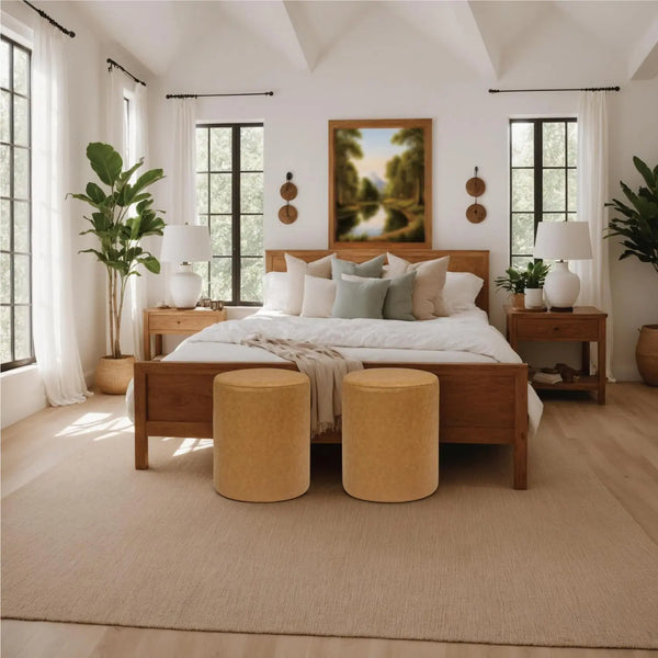 Faux Leather Modern Round Ottoman with Soft Padded Sea (Light Brown) #100145 Get Set Style Furniture