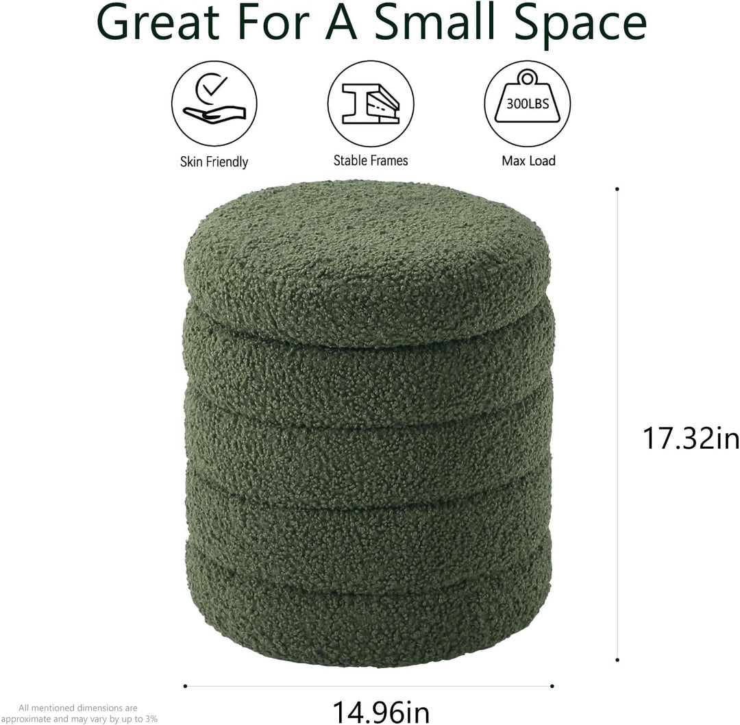 Cushen Sherpa Fabric Round Ottoman with Soft Padded Seat, Storage Vanity Stool, Upholstered Footrest (Green)