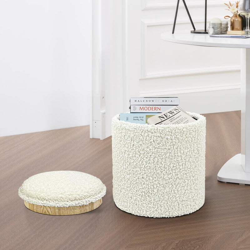White Sherpa Round Ottoman With Storage 