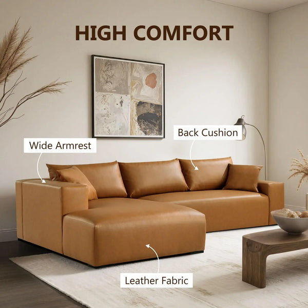 113" Wide Sectional Leather Sofa, Modern L-Shaped with Left Facing Chaise and 2 Pillows (Brown)#030013 Get Set Style Furniture