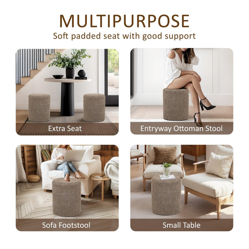 Taupe Sherpa Fabric Round Ottoman 