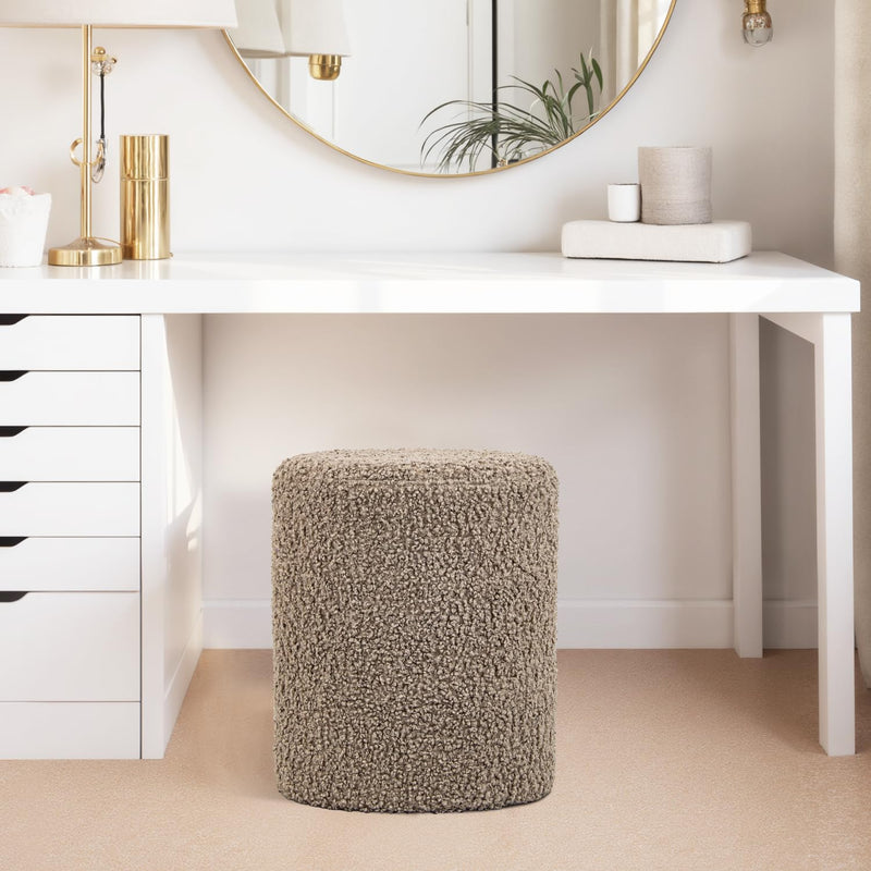 Taupe Sherpa Fabric Round Ottoman 
