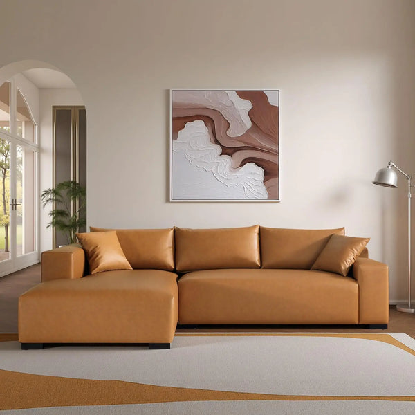 113" Wide Sectional Leather Sofa, Modern L-Shaped with Left Facing Chaise and 2 Pillows (Brown)#030013 Get Set Style Furniture