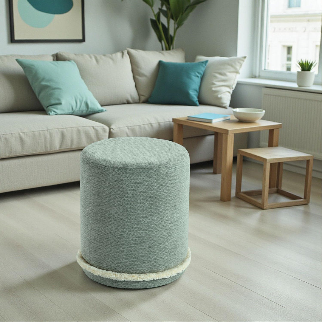 Cirque Round Plush Ottoman, Soft Upholstered Footrest & Vanity Stool, Chic Minimal Accent Piece in Neutral Tones (Malachite Green) #100161