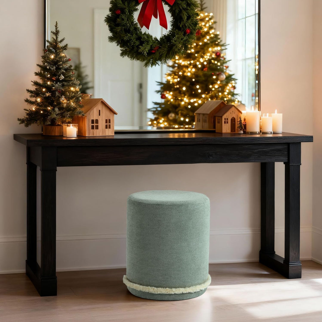 Cirque Round Plush Ottoman, Soft Upholstered Footrest & Vanity Stool, Chic Minimal Accent Piece in Neutral Tones (Malachite Green) #100161