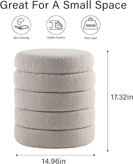 Khaki Fabric Round Ottoman with Storage 