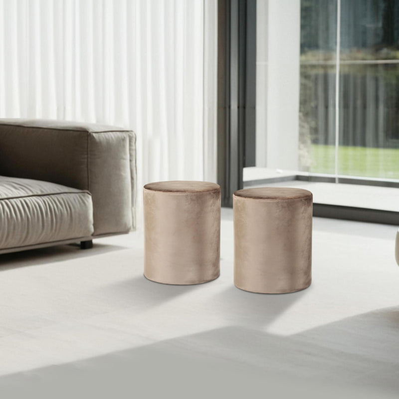 Beige Velvet Round Ottoman 