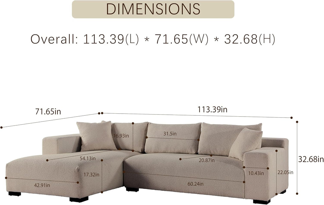 113" Wide Sectional sofa, Modern Boucle Fabric L-Shaped Sofa Couch Bed, 2 Pieces Modular Sectional Couch with Left Facing Chaise and 2 Pillows (Taupe)