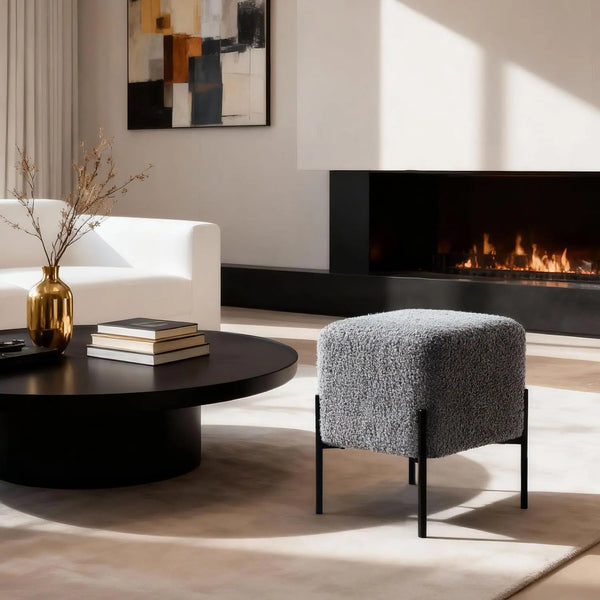 Everest Ivory Cube Shaped Boucle Gray Stool #100169 Get Set Style Furniture