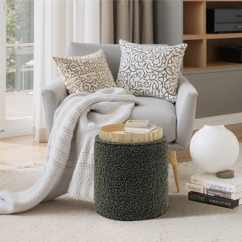 Green Sherpa Round Ottoman With Storage 