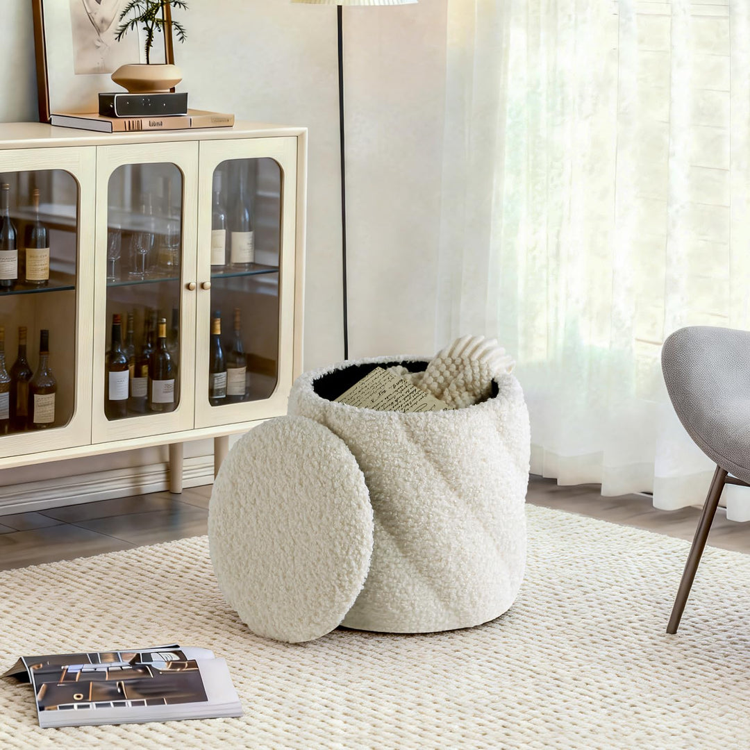 Round Ottoman with Soft Padded Seat, Storage Vanity Stool for Makeup, Upholstered Footrest Stool Ottoman Foot Stool (White) #100202