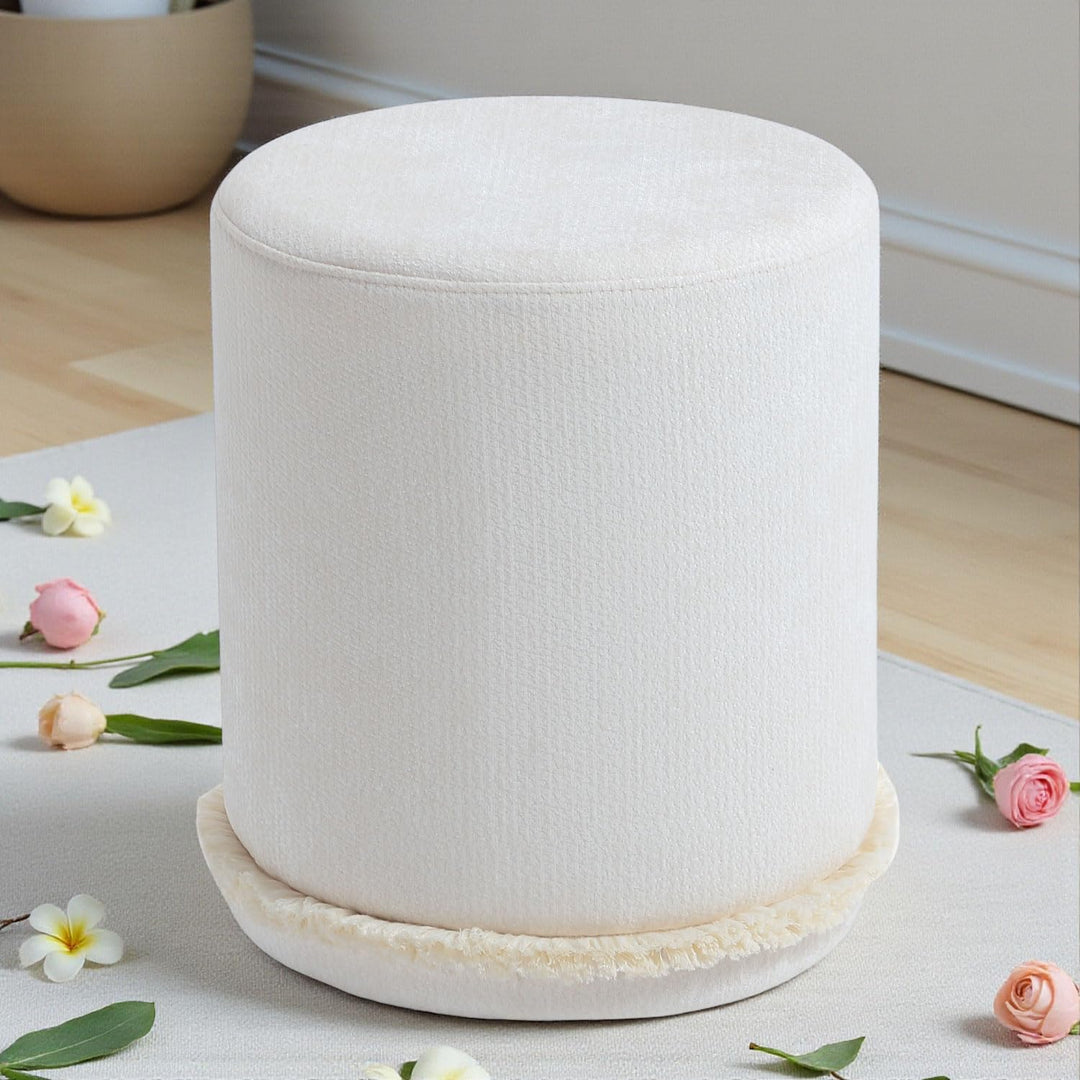 Cirque Round Plush Ottoman, Soft Upholstered Footrest & Vanity Stool, Chic Minimal Accent Piece in Neutral Tones (Snow White) #100160