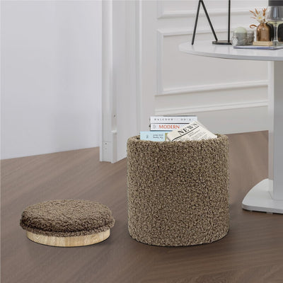 Taupe Sherpa Round Ottoman With Storage #100125