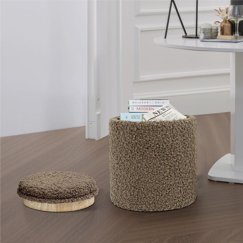 Taupe Sherpa Round Ottoman With Storage 