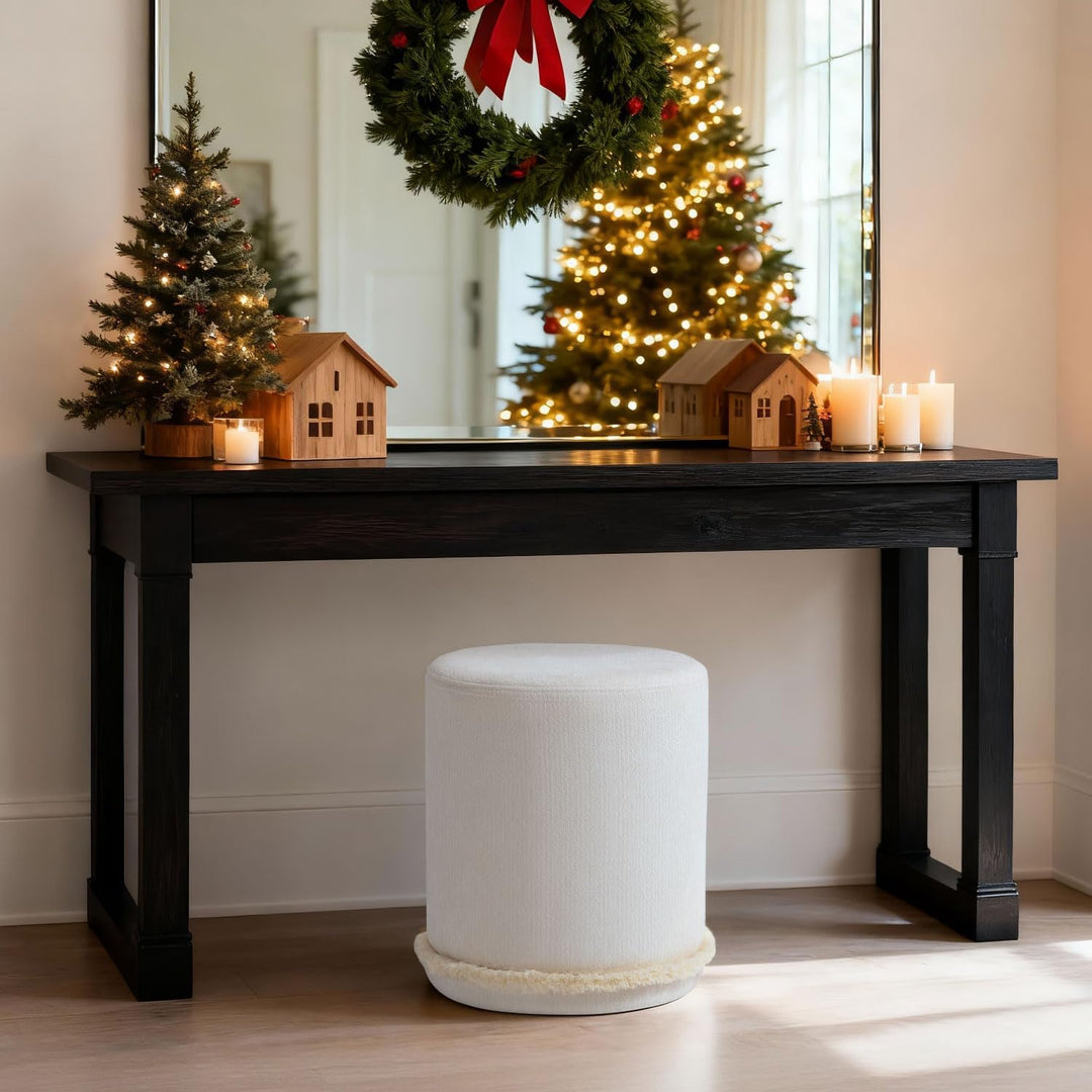 Cirque Round Plush Ottoman, Soft Upholstered Footrest & Vanity Stool, Chic Minimal Accent Piece in Neutral Tones (Snow White) #100160