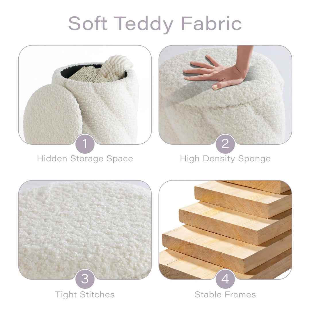 Round Ottoman with Soft Padded Seat, Storage Vanity Stool for Makeup, Upholstered Footrest Stool Ottoman Foot Stool (White) #100202