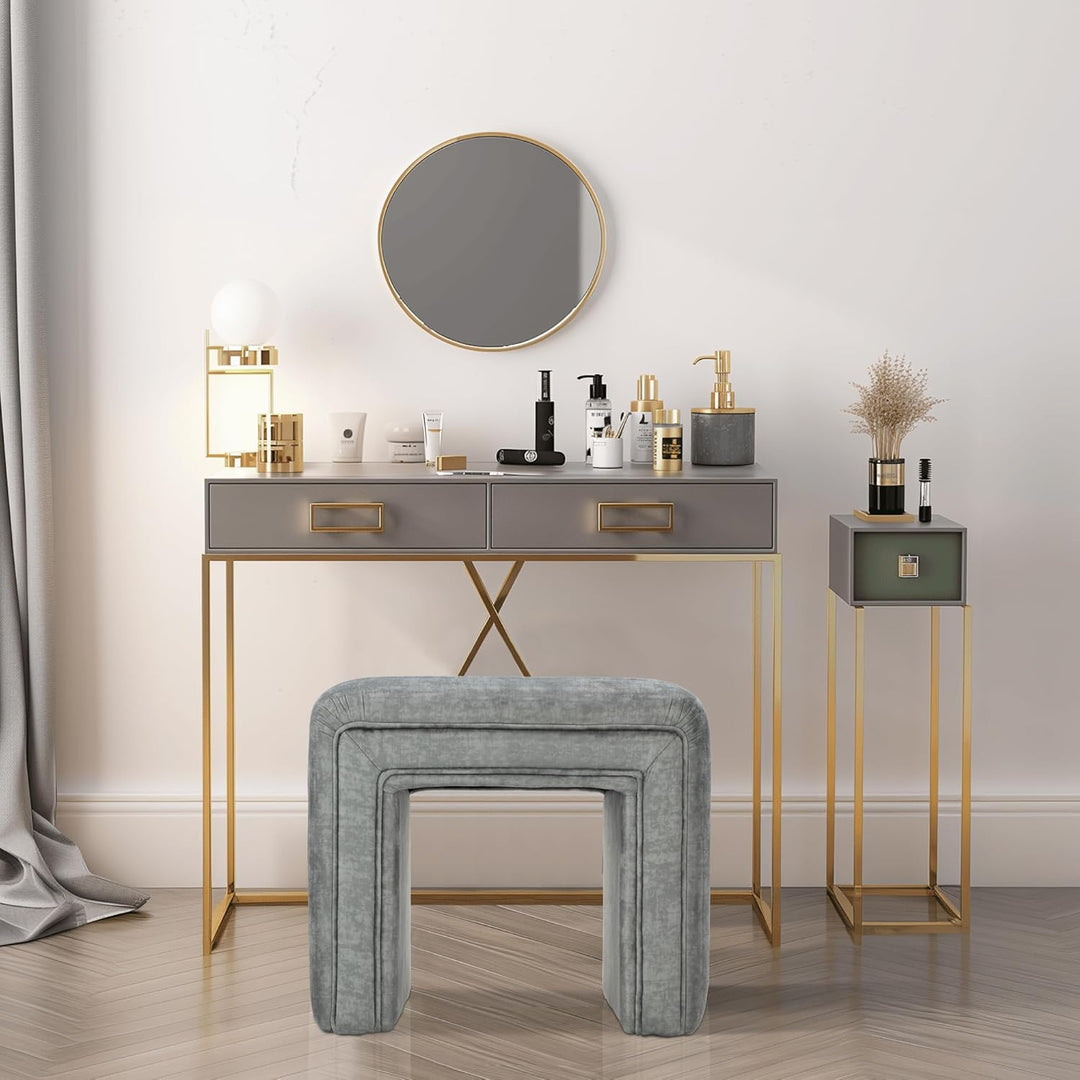 Veluxe Gray U-Shaped Velvet Gray Ottoman, Plush Upholstered Vanity Stool and Footrest with Wood Legs, Stylish Extra Seating for Living Room, Bedroom, or Entryway, Fully Assembled