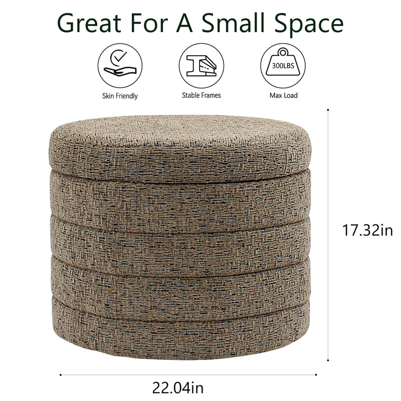 Taupe Chenille Round Ottoman With Storage 