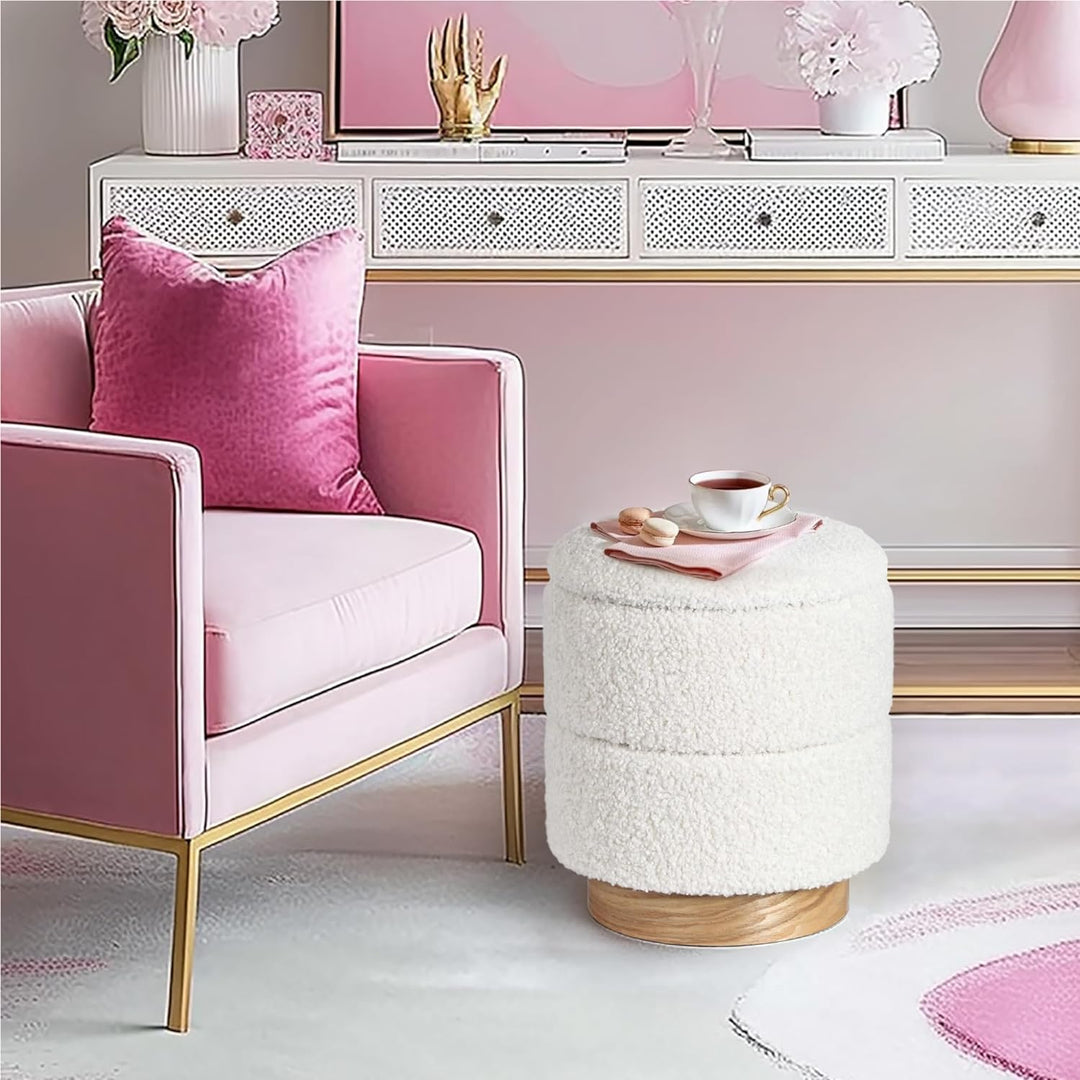 Wooden Base Storage Ottoman: White Boucle #100104