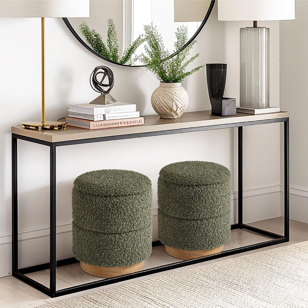 Wooden Base Storage Ottoman: Olive Boucle #100106