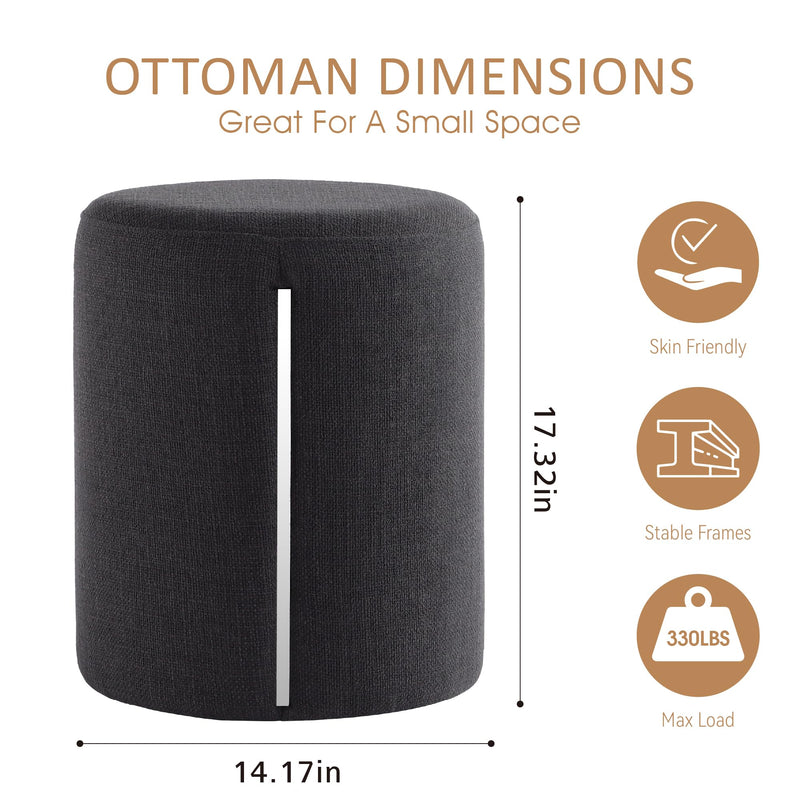 Black Linen Round Ottoman with Band 