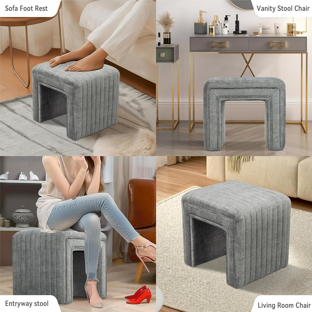Veluxe Gray U-Shaped Velvet Gray Ottoman, Plush Upholstered Vanity Stool and Footrest with Wood Legs, Stylish Extra Seating for Living Room, Bedroom, or Entryway, Fully Assembled