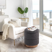 Bente Wooden Base Storage Round Gray Boucle Ottoman, Fully assembled