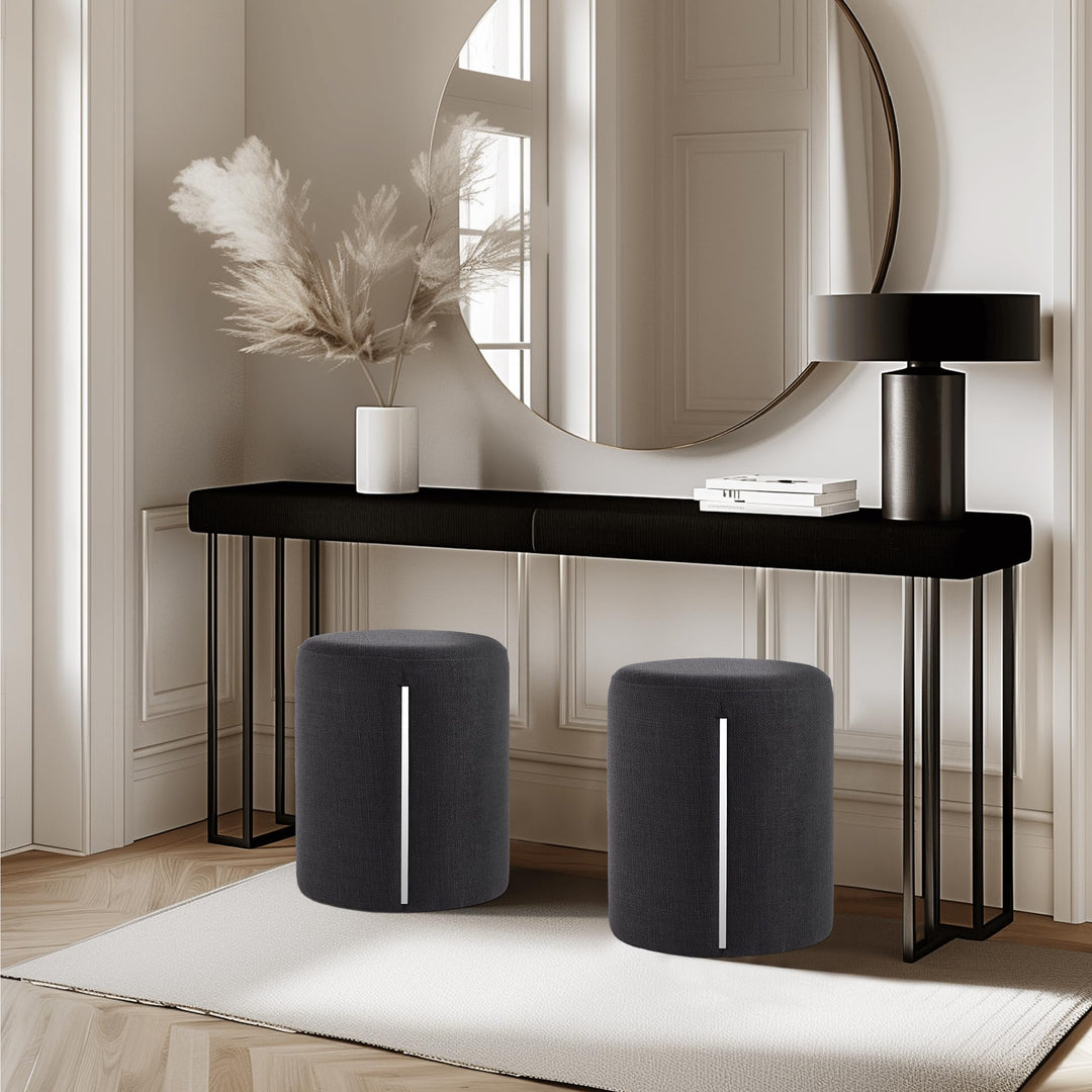 Black Linen Round Ottoman with Band #100116