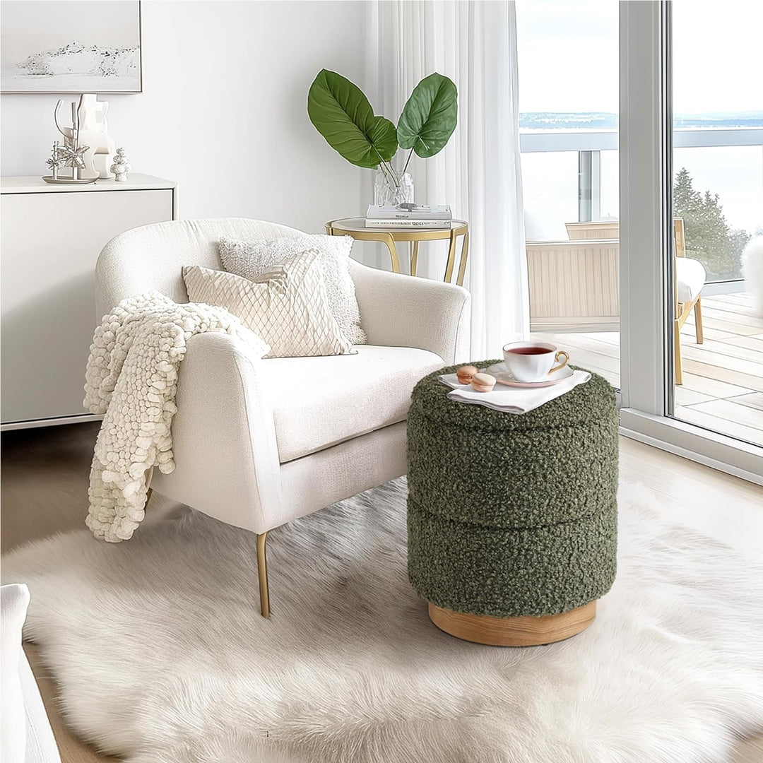 Wooden Base Storage Ottoman: Olive Boucle #100106