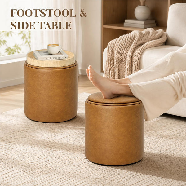 Boda Round Faux Leather Storage Ottoman Stool with Wooden Lid (Camel Brown) Get Set Style Furniture