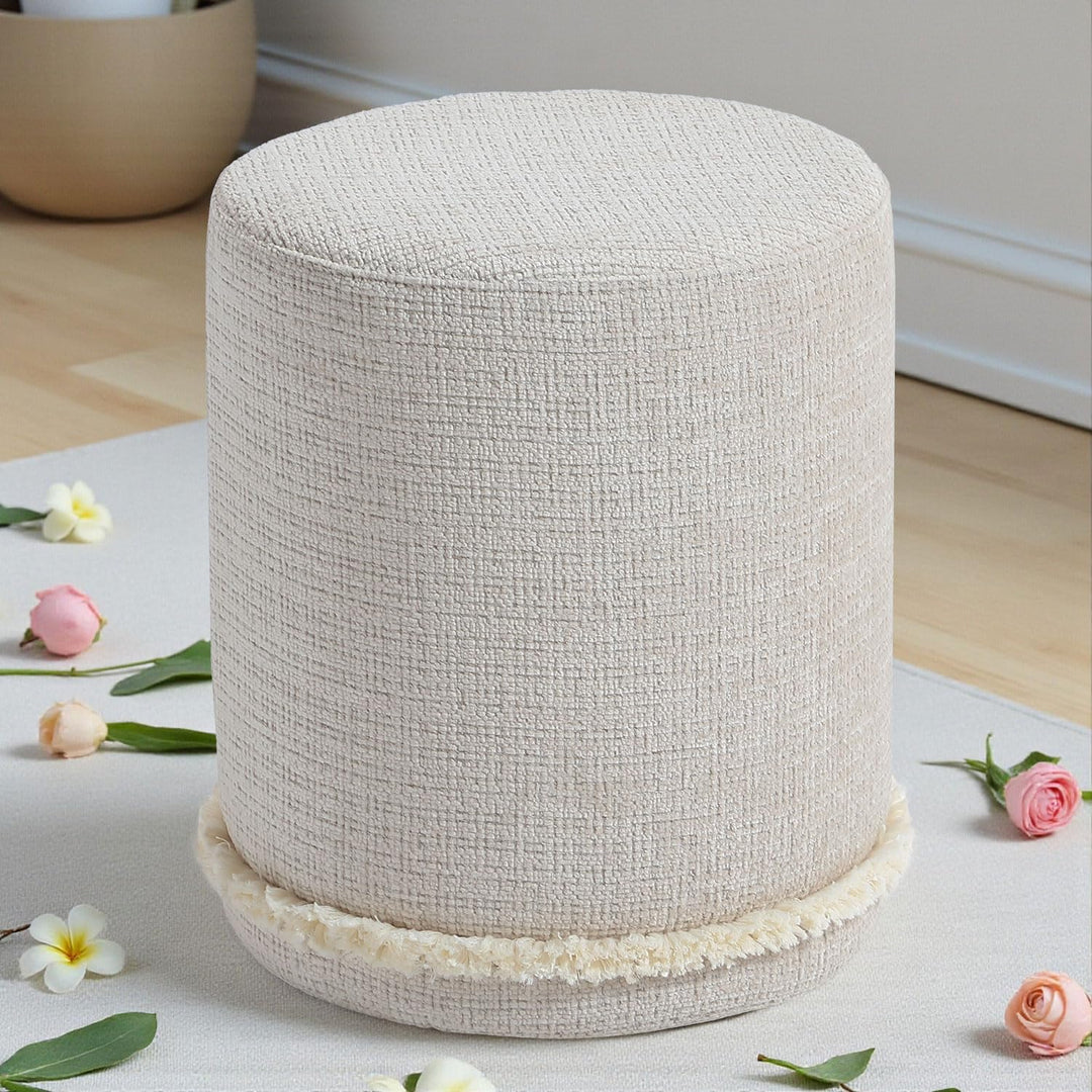 Cirque Round Plush Ottoman, Soft Upholstered Footrest & Vanity Stool, Chic Minimal Accent Piece in Neutral Tones (Taupe Beige) #100162