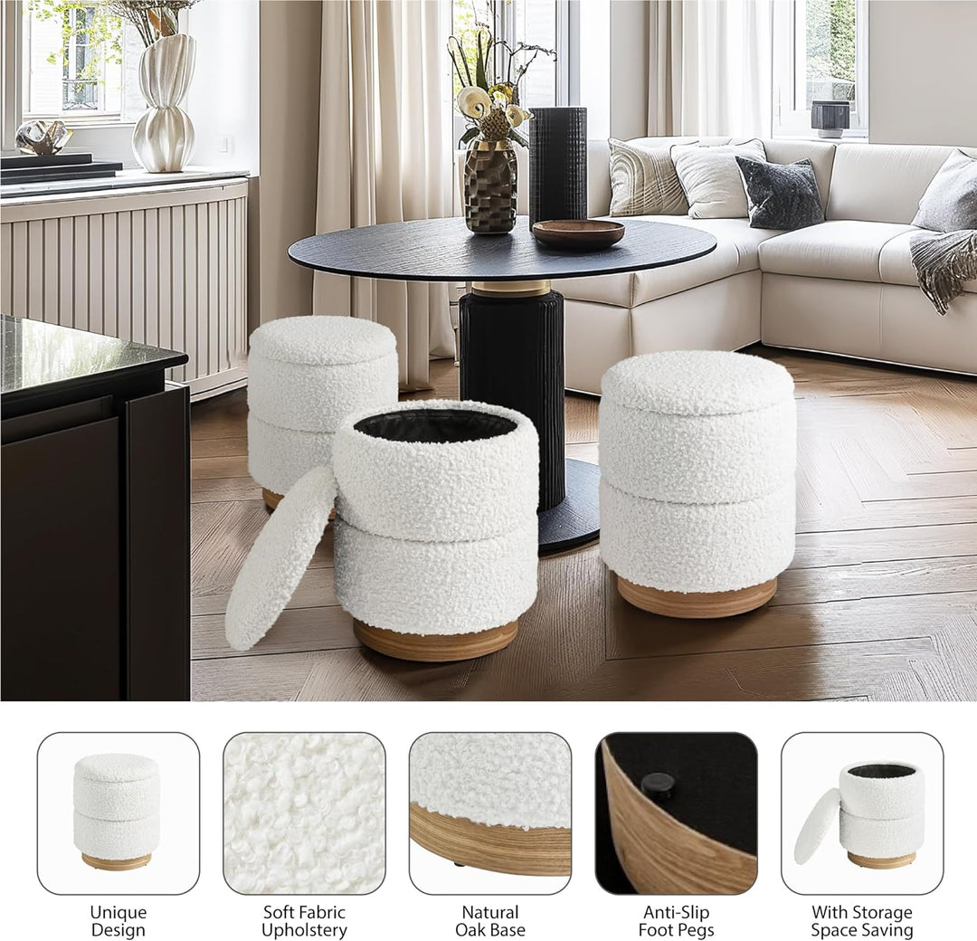 Wooden Base Storage Ottoman: White Boucle #100104